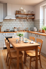 Interior of a small Scandinavian kitchen with a wooden table