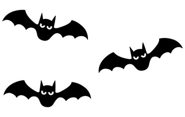 Halloween black bats flying silhouettes isolated on white background.
