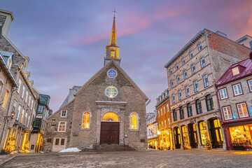 Quebec City skyline and Notre Dame des Victoires Catholic, cityscape of Canada  at sunset