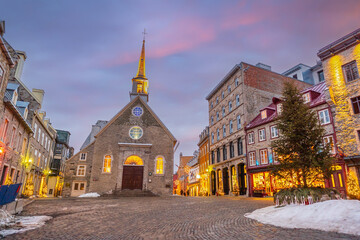 Quebec City skyline and Notre Dame des Victoires Catholic, cityscape of Canada  at sunset