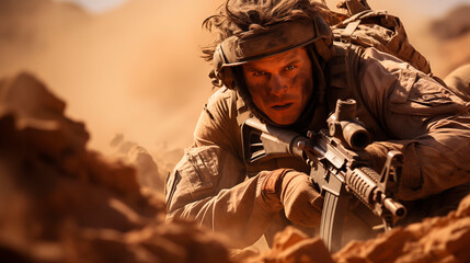 Portrait of a soldier at war in the desert. generated with ai - obrazy, fototapety, plakaty