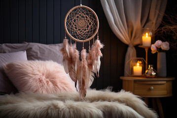 Handmade dream catcher hanging in a softly lit room above the bed - obrazy, fototapety, plakaty