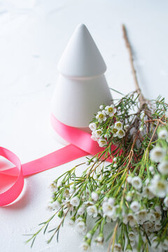 Minimal, white, christmas still life, with fresh blooms, white pine and pink ribbon