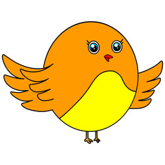 Kawaii bird with red face yellow neck green body blue eyes ready to fly