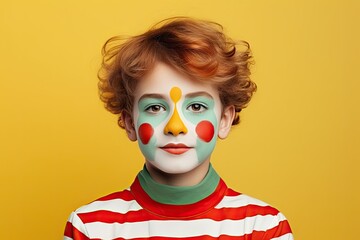 A small child with bright makeup on his face and a playful, artistic expression, personifying the spirit of a carnival or holiday.