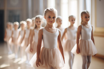 A lot of little girls ballerinas in white costume in class at the ballet school. Practice and exercise of ballet.