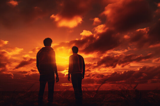 silhouette of a couple walking on a sunset background