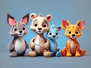 cutout set of 3 cartoon animal toys characters isolated on transparent png background - Generative AI
