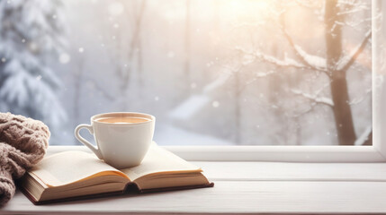 Obraz na płótnie Canvas Cup of coffee latte and book on wooden windowsill with beautiful view of snowy forest. Copy space