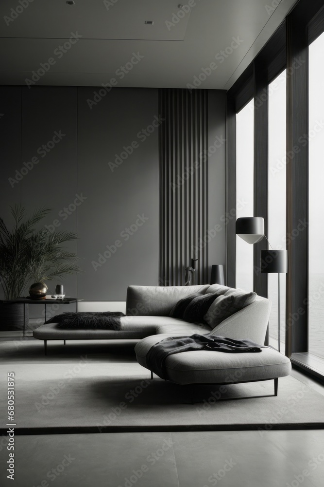 Poster a gray living room in a minimal style with a sofa near a large window. beautiful interior in the hou