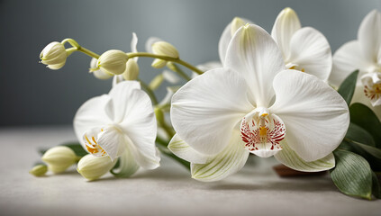 In an embodiment of tranquility and timelessness, a white orchid gracefully unfolds, epitomizing elegance and beauty in its serene presence - AI Generative