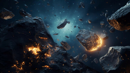 Meteorite and asteroid field in Artificial Intelligence for sci fi or space exploration backgrounds
