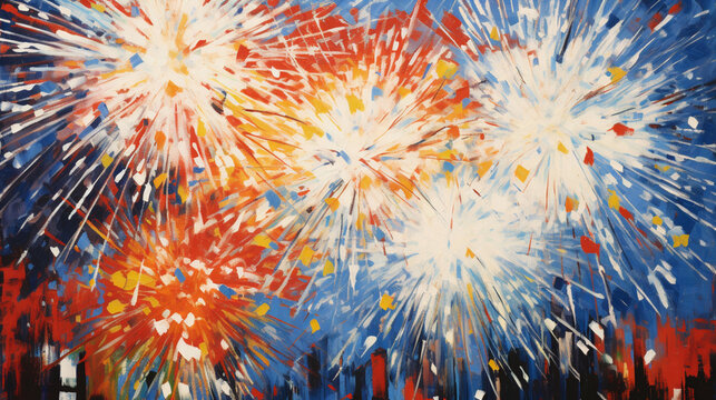 An expressionist portrayal of a bustling fireworks enveloped, radiating the intense emotion of melancholy. New Year 2024 concept