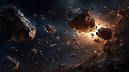 Meteorite and asteroid field in Artificial Intelligence for sci fi or space exploration backgrounds - obrazy, fototapety, plakaty