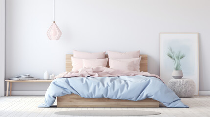 Fototapeta na wymiar Minimalistic bedroom with comfortable bed and pillows. Pastel colors. 3d rendering of interior in scandi style.