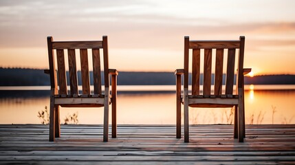 Generative AI : Two wooden chairs on a wood pier overlooking a lake at sunset - obrazy, fototapety, plakaty