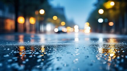 Generative AI : Autumn rainy night in the city. Empty street. - obrazy, fototapety, plakaty