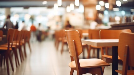 Generative AI : Blur bokeh background of interior table and chair in mall canteen. - obrazy, fototapety, plakaty
