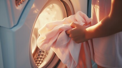 Generative AI : Hands of young woman putting clothe into washing machine at condominium. Laundry concept. Top view - obrazy, fototapety, plakaty
