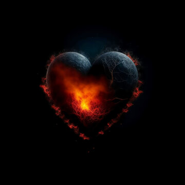 a burning fiery heart on a black background. Valentine's Day, love, February 14. artificial intelligence generator, AI, neural network image. background for the design.