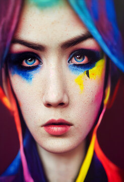 Ernster Blick einer farbenfroh geschminkten Frau hellen Hauttyps mit blauen Augen und bunten Haaren