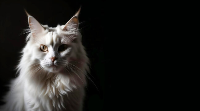 a white fluffy cat on a black background, a pet. artificial intelligence generator, AI, neural network image. background for the design.