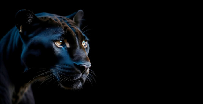 a cougar on a black background, a wild feline animal. artificial intelligence generator, AI, neural network image. background for the design.