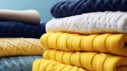 Generative AI : A stack of cozy knitted autumn-winter sweaters in yellow, white, blue colors.