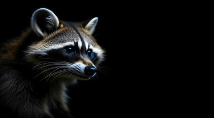 Obraz premium raccoon on a black background. a wild animal. artificial intelligence generator, AI, neural network image. background for the design.