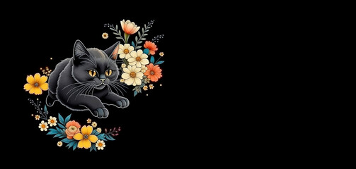 a pet cat jumping with flowers on a black background. a beautiful woolly pet. artificial intelligence generator, AI, neural network image. background for the design.
