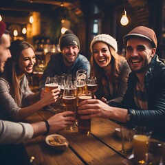 Group of people drinking beer at brewery pub restaurant - obrazy, fototapety, plakaty