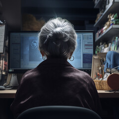 Old granny working online from home at night. Rear view of an elderly woman sitting in front of a desktop computer. AI-generated