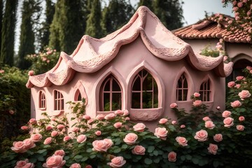 A hut Positioned near a garden of blooming roses.