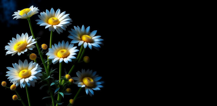 bouquet of white daisies on a black background. preparation for the holidays birthday, spring day. artificial intelligence generator, AI, neural network image. background for the design.
