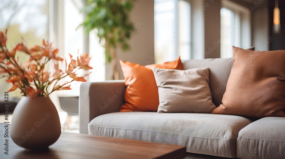 Poster generative ai : living room with sofa and table in front of sofa