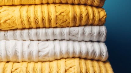 Generative AI : A stack of cozy knitted autumn-winter sweaters in yellow, white, blue colors.