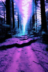 Fototapeta premium Enchanted Twilight Forest Path, Weird Mixed Medias VHS art