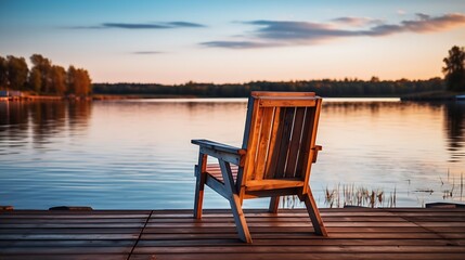 Generative AI : Two wooden chairs on a wood pier overlooking a lake at sunset