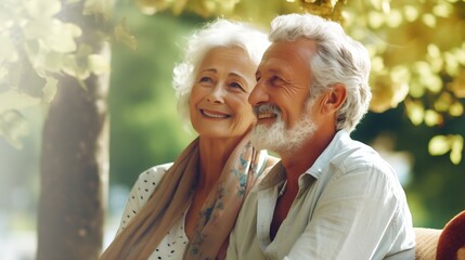 Generative AI : Portrait photo of old happy senior caucasian couple smiling and relaxing in outdoor park on sunny day - Powered by Adobe