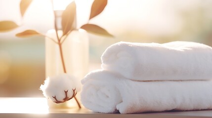 Fototapeta na wymiar Generative AI : white cotton towels and shower cream on table with sun light