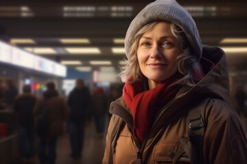 Fototapeta premium Portrait of a content woman in her 50s wearing a warm parka against a bustling airport terminal. AI Generation