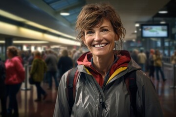 Portrait of a grinning woman in her 50s sporting a waterproof rain jacket against a bustling...