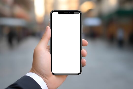 Generative AI : Close-up of a businessman hand holding a smartphone white screen is blank the background is blurred.Mockup.