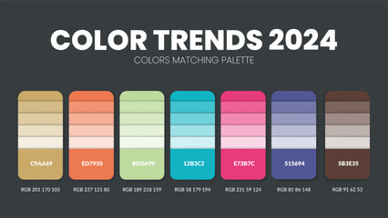 2024 color trends. Color palette in vibrant, bold, earthy tones. Colour theme collections. Color inspiration or colour chart with codes number. Color combination set of RGB. Colors for graphic design.