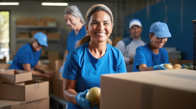 Happy volunteer woman in Group of people working in charitable foundation. Volunteer separating donations stuffs.