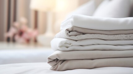 Generative AI : Stack of clean bedding sheets on blurred laundry room background - obrazy, fototapety, plakaty