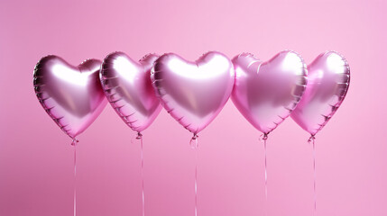 Shiny pink heart shaped balloons with string floating in air isolated on pink background, Valentine s day background.