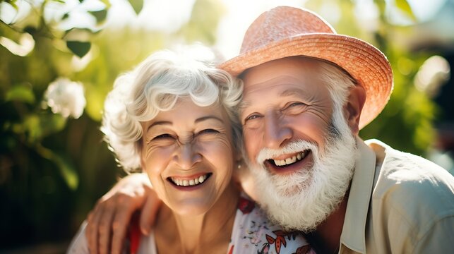 Generative AI : Portrait photo of old happy senior caucasian couple smiling and relaxing in outdoor park on sunny day