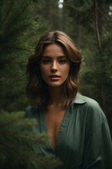 Portrait of a beautiful woman wearing green dress in a pine tree forest. Nature fashion aesthetic.