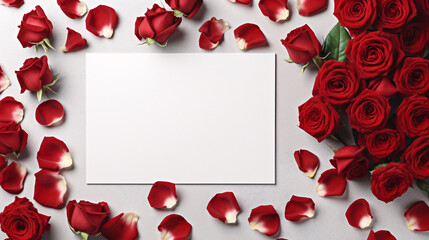 Beautiful red rose flower bouquet and blank note paper on white background, congratulations and anniversary concept, Valentine s day background.